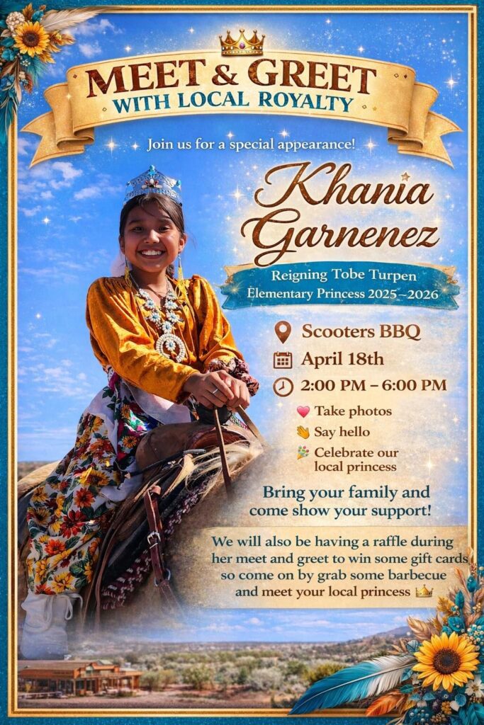 Young girl in traditional dress smiling for a "Meet & Greet with Local Royalty" event flyer featuring details and event info.